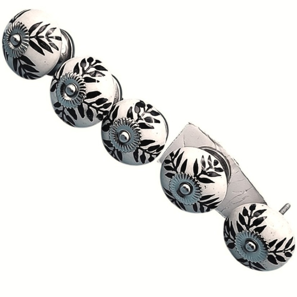 Set of 5 White Black Ceramic Leaf Drawer Knobs Cabinet Pulls Boho Farmhouse - Picture 1 of 11